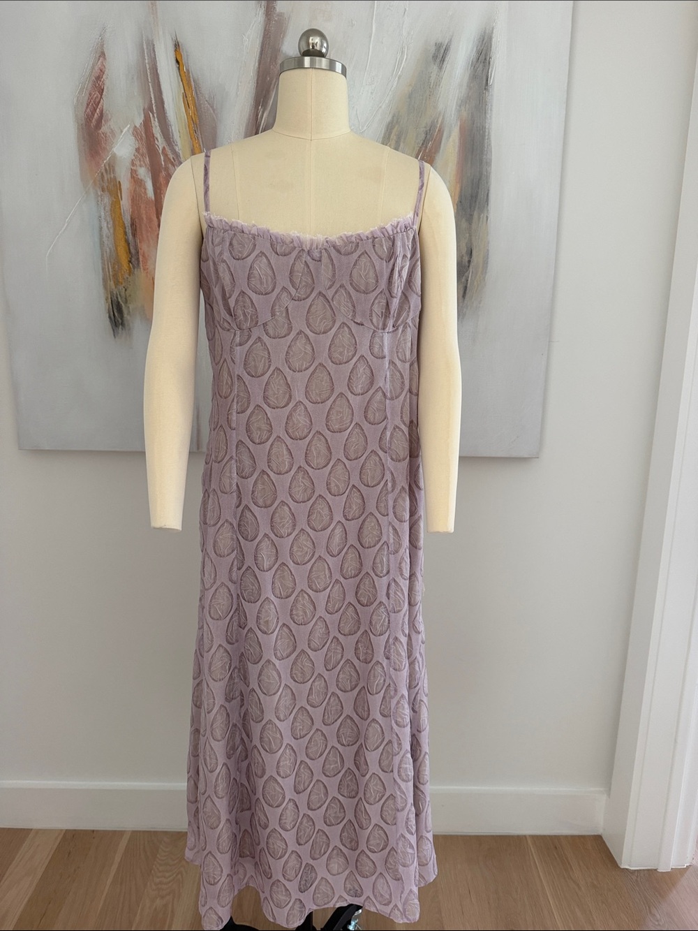 Reformation Lavender Slip Maxi Dress with Leaf Motif